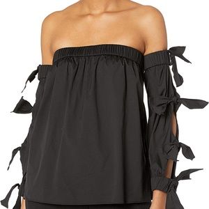 Milly Blythe Top Size Small Black Off the shoulder Stretch Poplin Top Ribbon Bow